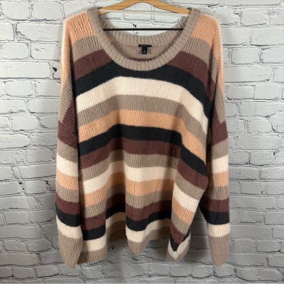 torrid Sweaters - Torrid Striped Fuzzy Yarn Sweater Dropped Shoulder Cropped Beige Mauve 5/5XL